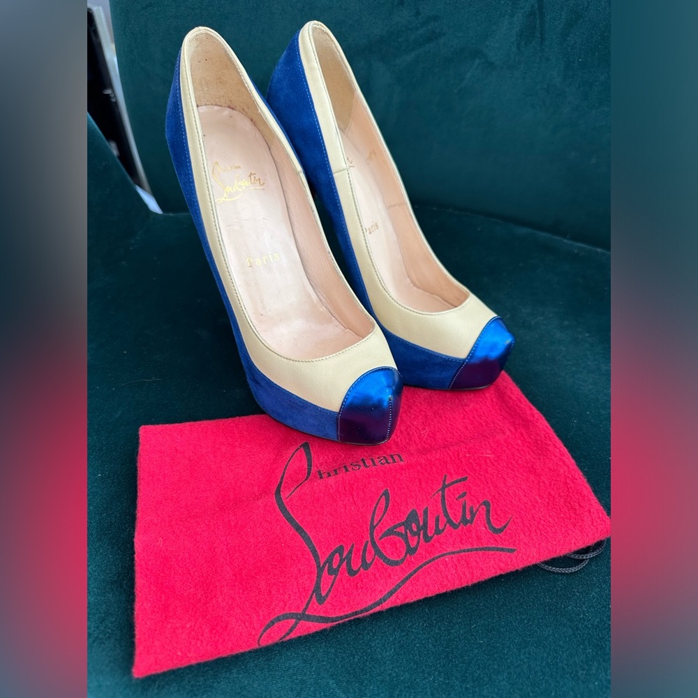 Christian Louboutin Blue and Cream suede platform heels